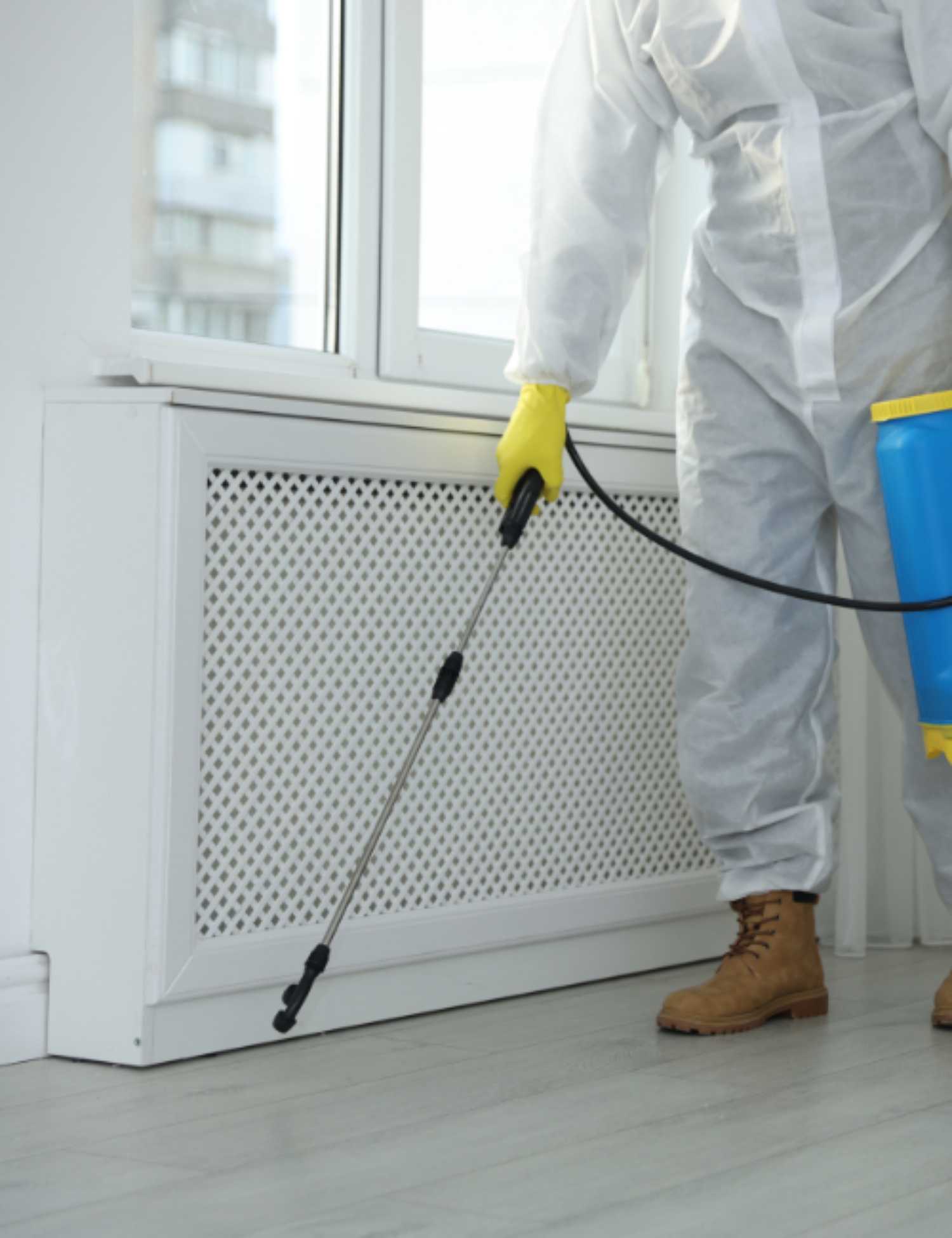 Pest control technician in protective coveralls spraying a baseboard for flea and tick treatment